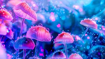 AI Generated Digital art of vibrant glowing mushrooms with sparkling dewdrops photo