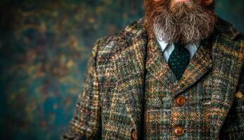 ai generado de cerca de un hombre en elegante tweed traje con estampado antecedentes foto