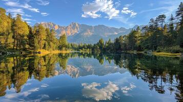 AI generated Lake Surrounded by Trees With Mountains in Background photo