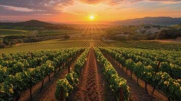 AI generated Sun Setting Over Large Vineyard photo