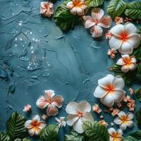 AI generated Circular Tropical Arrangement of Leaves and Flowers photo