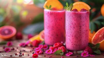 AI generated Glass of Raspberry Smoothie Surrounded by Raspberries photo