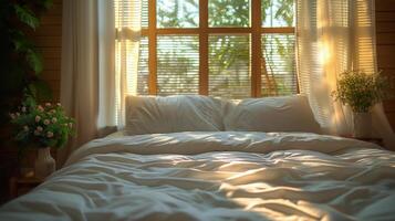 ai generado un dormitorio con un cama y un grande ventana foto