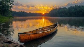 ai generado canoa descansando en a orillas del lago a puesta de sol foto