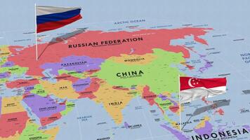 Singapur y Rusia bandera ondulación con el mundo mapa, sin costura lazo en viento, 3d representación video
