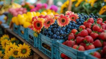 ai generado abundancia de Fruta en varios cestas foto