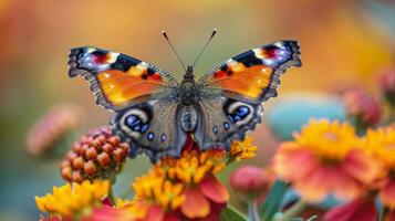 ai generado mariposa encaramado en rosado flor foto