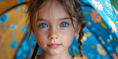 ai generado pequeño niña con azul ojos participación un paraguas foto