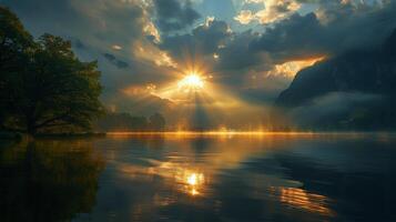 AI generated Sun Shining Through Clouds Over Water photo