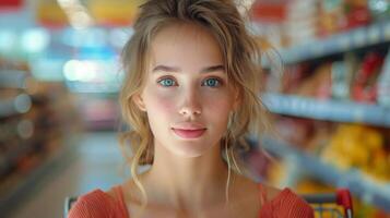 AI generated Woman Wearing Straw Hat in Grocery Store photo