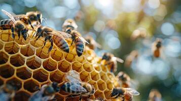 AI generated Group of Bees on Honeycomb photo