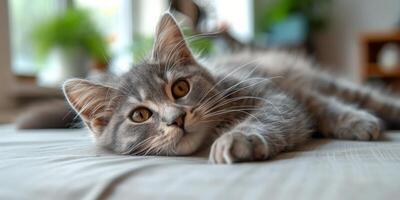 AI generated Cat Resting on Bed Next to Window photo