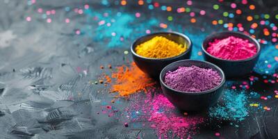 AI generated Three Buckets Filled With Different Colored Powders photo
