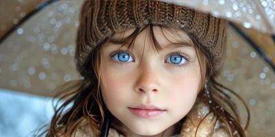 ai generado pequeño niña con azul ojos participación un paraguas foto