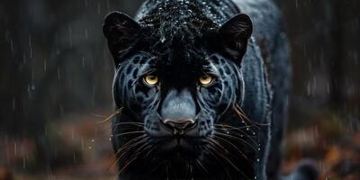 ai generado negro leopardo con amarillo ojos caminando en el lluvia foto