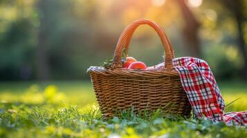 ai generado picnic cesta con a cuadros paño en césped foto