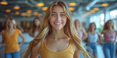 AI generated Group of Women Practicing Yoga in Gym photo