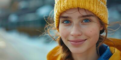 AI generated Woman With Blue Eyes Wearing Yellow Hat photo