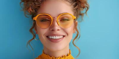 AI generated Woman Wearing Yellow Glasses Smiling photo