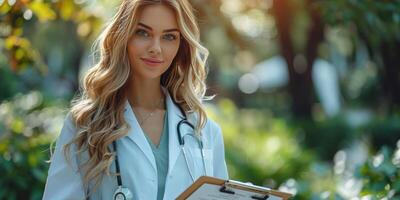 AI generated Woman in White Lab Coat Holding Clipboard photo