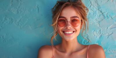 AI generated Woman Wearing Yellow Glasses Smiling photo