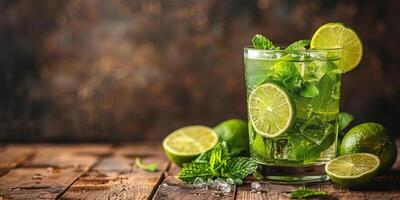 ai generado refrescante vaso de mojito con Fresco limas y menta foto