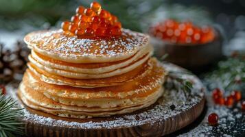 AI generated Stack of Pancakes Covered in Powdered Sugar photo