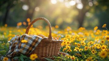 AI generated Picnic Basket With Checkered Cloth in Grass photo