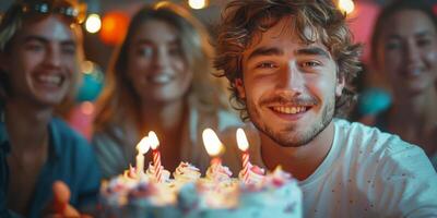 ai generado un grupo de personas celebrando alrededor un cumpleaños pastel foto