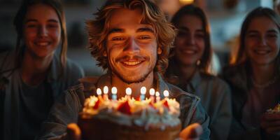 ai generado un grupo de personas celebrando alrededor un cumpleaños pastel foto