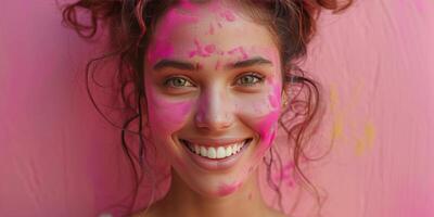 ai generado mujer con rosado y amarillo pintar en cara foto