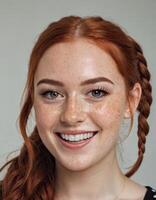 AI Generated Redhead woman portrait. Happy smiling lady with freckles and vibrant redhead braids. photo