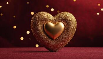 AI Generated Love, Heart, Celebration. heart on textured surface beneath, soft focus golden lights create bokeh in background. Celebration card or romantic events invitation. Valentine day photo