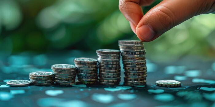 AI generated Person Putting Coin Into a Stack of Coins photo