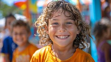 AI generated Young Boy Smiles Playing in Ball Pit photo