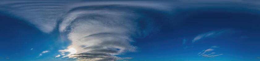 Blue sky with Cirrus clouds Seamless panorama in spherical equirectangular format. Complete zenith for use in 3D graphics, game and for composites in aerial drone 360 degree panoramas as a sky dome photo