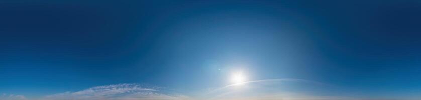 Blue sky with Cirrus clouds Seamless panorama in spherical equirectangular format. Complete zenith for use in 3D graphics, game and for composites in aerial drone 360 degree panoramas as a sky dome photo