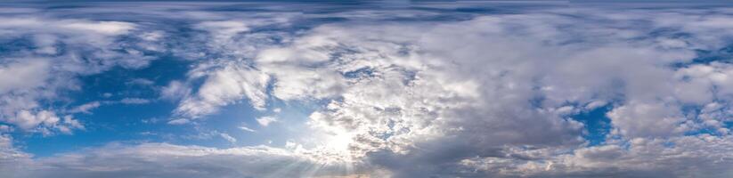 Blue sky with Cumulus clouds Seamless panorama in spherical equirectangular format. Complete zenith for use in 3D graphics, game and for composites in aerial drone 360 degree panoramas as a sky dome photo