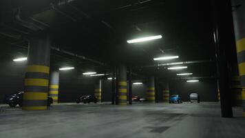 Moving in underground parking interior with cars. 3D render video