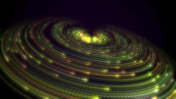 Light effect as abstract looped background with light trails, stream of multicolor neon lines in space form rings. video