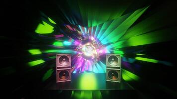 Abstract multicolor psychedelic hypnotic technology VJ loop background With flying stage speakers foreground. 3D seamless loop motion illusion graphics for music stage transition, shows, retro, hitech video