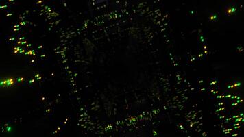 rörelse grafisk 4k flygande in i digital teknologisk fyrkant formad Blixt neon tunnel. trogen glöd sci-fi vj slinga. 3d framställa. video