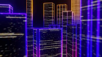 flyg genom stor trogen neon stad. sömlös vj slinga. teknologi och företag relaterad 4k 3d animation. video