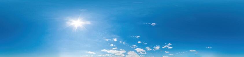 Blue sky with light clouds Seamless panorama in spherical equirectangular format with complete zenith for use in 3D graphics, game and for composites in aerial drone 360 degree panoramas as a sky dome photo