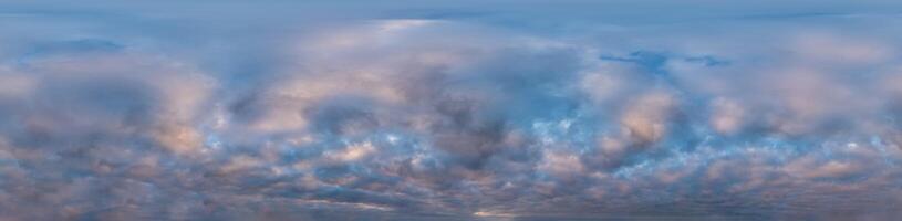 Dark blue sunset sky with Stratocumulus clouds Seamless hdr panorama in spherical equirectangular format with complete zenith for use in 3D, game and aerial drone 360 degree panoramas as sky dome photo