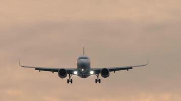 Jet plane approaching landing. Passenger airliner flying at sunset sky, front view, long shot. Cinematic footage of aviation. Background video