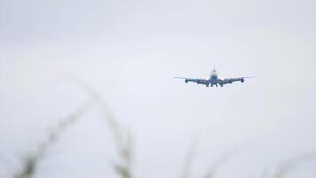 enorm Flugzeug mit ein unkenntlich Lackierung Annäherung Landung, Vorderseite Sicht. breiter Körper Passagier Flugzeug fliegt. vier Motor Verkehrsflugzeug im das Himmel, Abstieg. Tourismus und Reise Konzept video