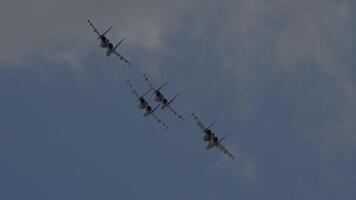 Group military fighter jets are flying high in the sky. Silhouette of a bomber. Concept war, army video