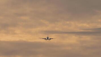 Jet vlak naderen landen. passagier passagiersvliegtuig vliegt in de bewolkt zonsondergang lucht, voorkant visie, lang schot. filmische beeldmateriaal van luchtvaart. achtergrond karmozijn lucht video