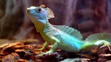 lézard est vert dans une terrarium avec aboyer. vert moniteur lézard video